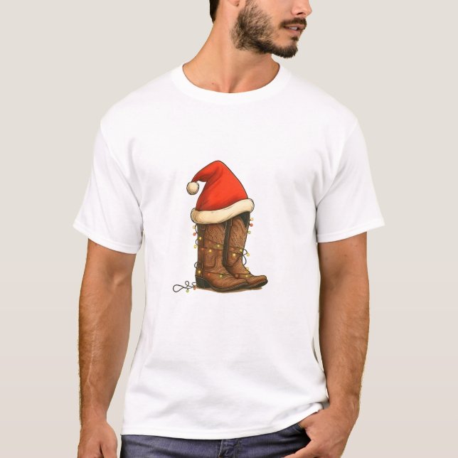 Cowboy Boots Jul Western Santa Hatt  T Shirt (Framsida)