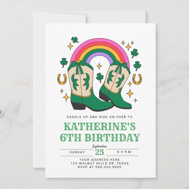 Cowboy Boots med regnbåge och Shamrocks Birthday Inbjudningar (Framsida)