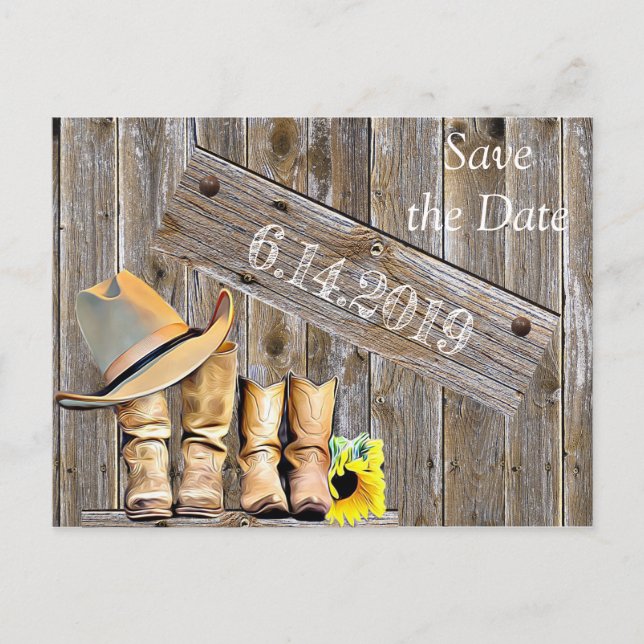 Cowboy Boots och Sunblommor Spara DateWedding Vykort (Framsida)