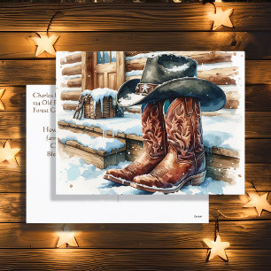 Cowboy Boots på Front Porch på en vinterdag Helg Vykort