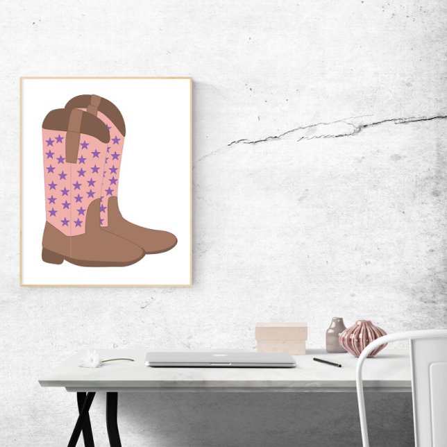 Cowboy Boots Rosa Brown Lila Stars Poster (A poster of pink and brown cowboy boots with purple stars)
