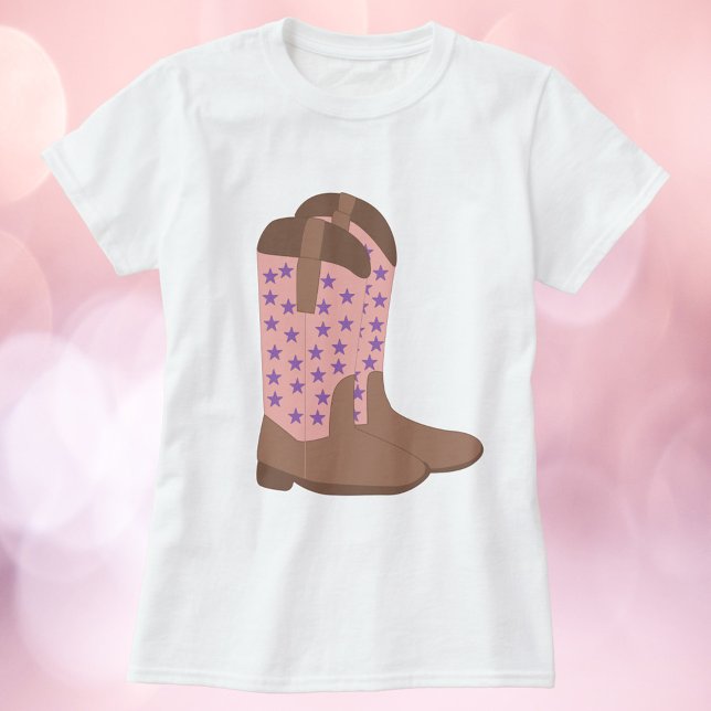Cowboy Boots Rosa Brown Lila Stars T Shirt (A tshirt with a pair of cowboy boots done in brown and pink with purple stars.)