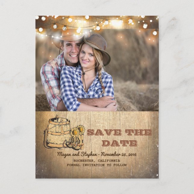 Cowboy Boots Rustic Land Photo Save Date Meddelande Vykort (Framsida)