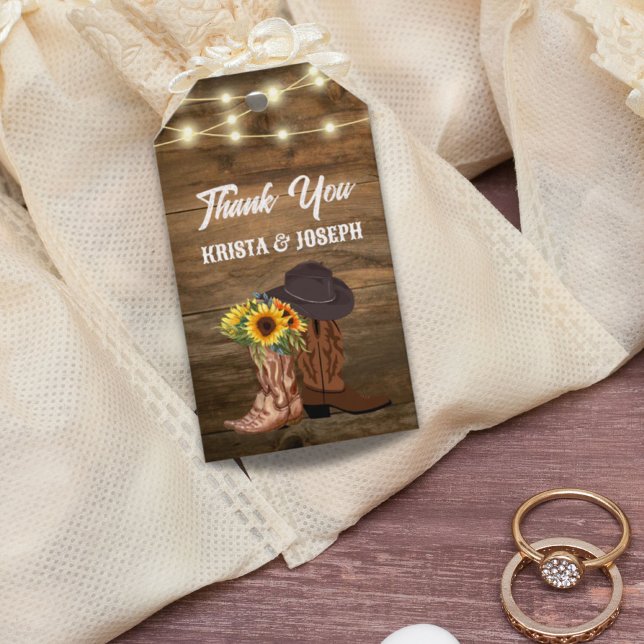 Cowboy Boots Solros Western Wedding Favor Presentetikett (Cowboy Boots Sunflower Western Wedding Favor Gift Tags)