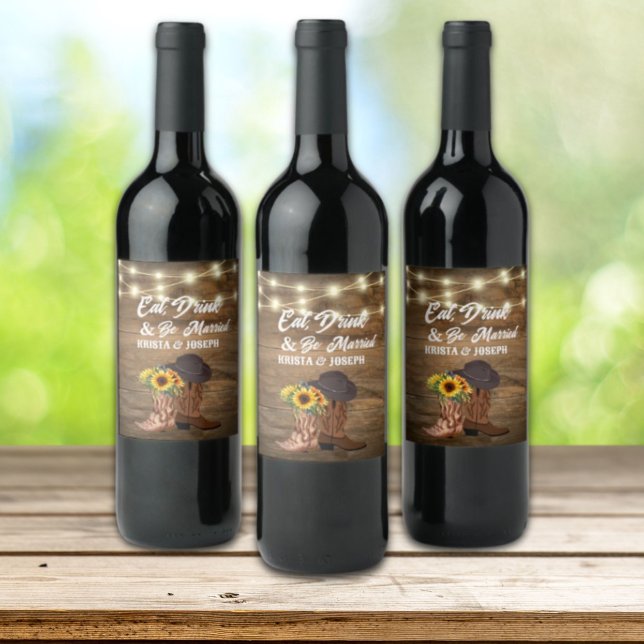 Cowboy Boots Solros Westernare Bröllop Vinflaska Etikett (Cowboy Boots Sunflower Western Wedding Wine Label)