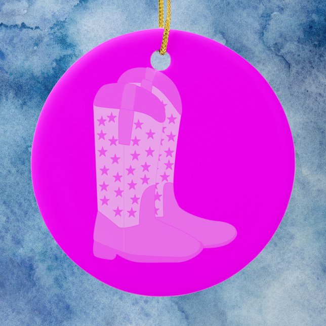 Cowboy Boots Stars Rosa Julgransprydnad Keramik (An ornament with a pair of pink cowboy boots)