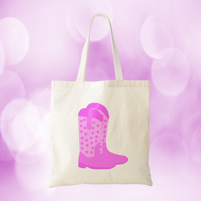 Cowboy Boots Stars Rosa Tygkasse (A tote bag with a pair of pink cowboy boots with stars)