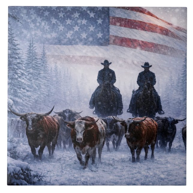 Cowboy boskapskörning vinterkonst kakelplatta (Framsidan)