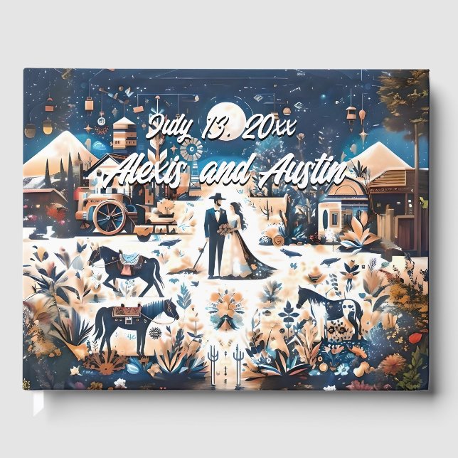 Cowboy & Bride Blue Westerna Stil Bröllop Gästböcker (Framsida)