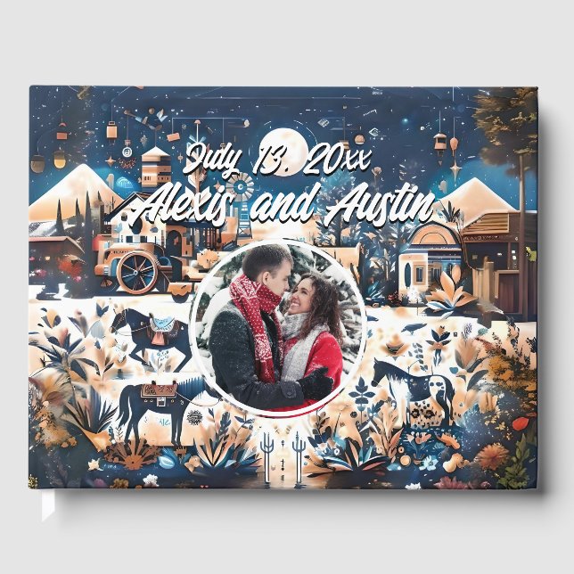 Cowboy & Bride Blue Westerna Stil Bröllop Gästböcker (Framsida)