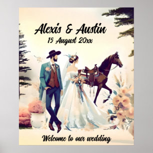 Cowboy, Bride & Horse Bröllop Poster