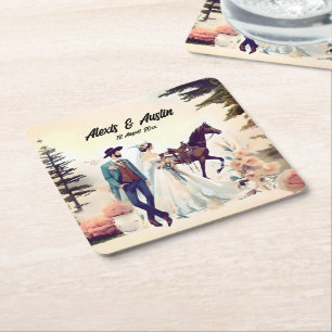 Cowboy, Bride & Horse Bröllop Underlägg Papper Kvadrat