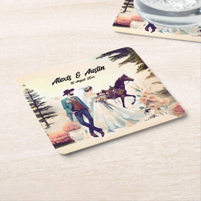 Cowboy, Bride & Horse Bröllop Underlägg Papper Kvadrat (Vinklad)