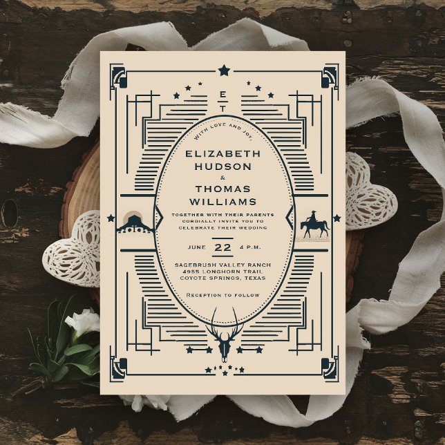 Cowboy Bröllop Rustic Vintage Westernare Land Inbjudningar (western wedding invitation cowboy cowgirl country rustic ranch barn outdoor vintage southwest desert)