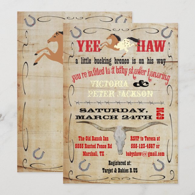 Cowboy Bucking Bronco Par Baby Shower Inbjudningar (Fram/baksida)