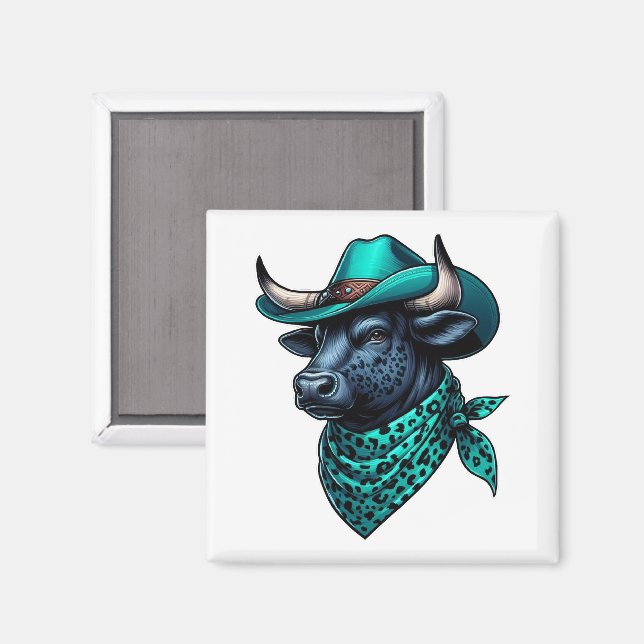 Cowboy Bull med turkos Hat och Patterned Scarf Magnet (Front/Back)
