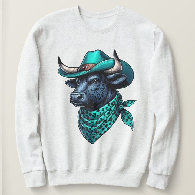 Cowboy Bull med turkos Hat och Patterned Scarf T Shirt (Design framsida)