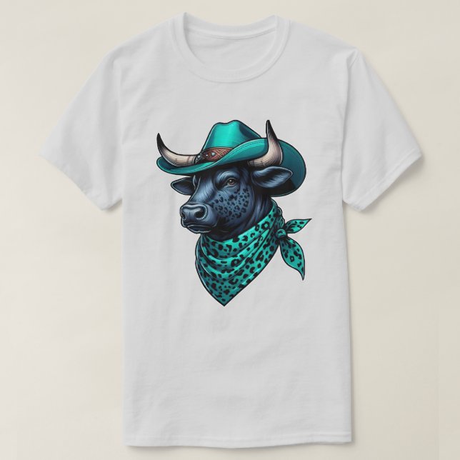Cowboy Bull med turkos Hat och Patterned Scarf T Shirt (Design framsida)