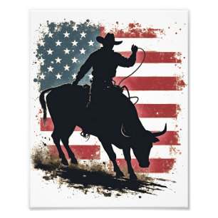 Cowboy Bull Rider Patriotic American Flagga Cowboy Fototryck