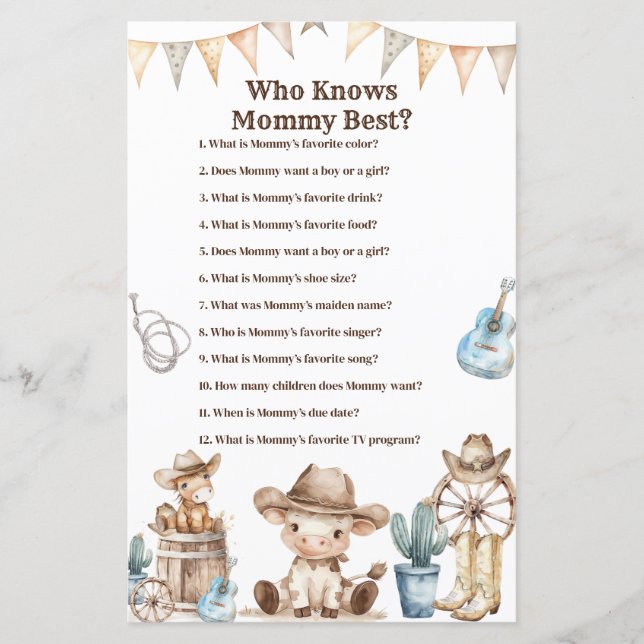 Cowboy Cactus Baby Shower Vem Känner Mamma Bäst (Framsida)