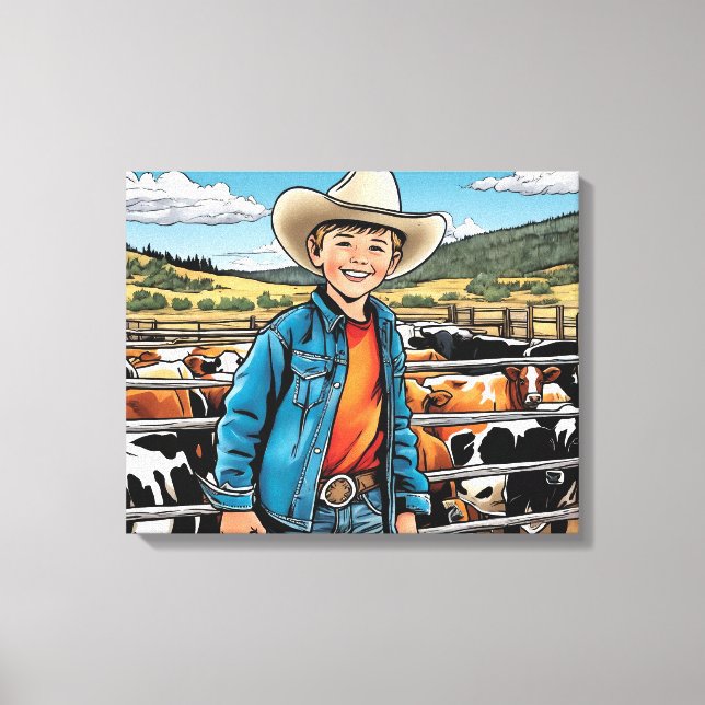 Cowboy Cattle Ranch Young Boy Graphic Art Canvastryck (Framsida)