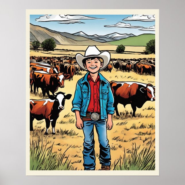 Cowboy Cattle Ranch Young Boy Graphic Art Poster (Framsidan)