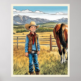 Cowboy Cattle Ranch Young Boy Graphic Art Poster