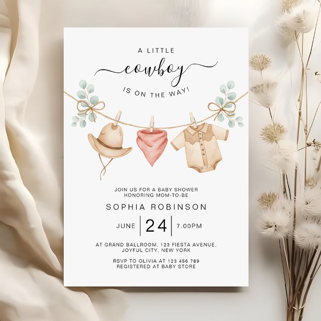 Cowboy Clothesline Wild West Boy Baby Shower Inbjudningar (Skapare uppladdad)