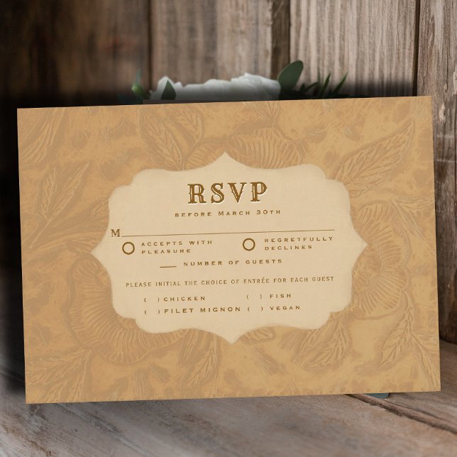 Cowboy Country Tooled Beige Middag Svar RSVP (country rustic cowboy wedding rsvp meal choice faux tooled leather cream beige western frame)
