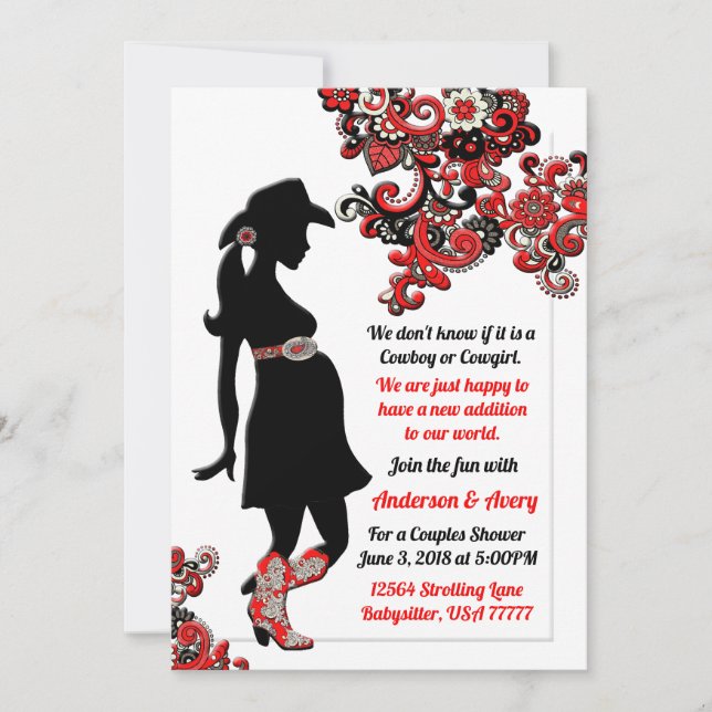 Cowboy Cowgirl Black Red White Par Baby Shower Inbjudningar (Framsida)