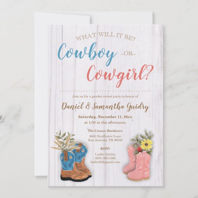 Cowboy/Cowgirl Bootie Gender Reveal Inbjudningar (Framsida)