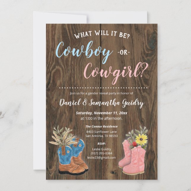 Cowboy/Cowgirl Bootie Mörk Wood Gender Reveal Inbjudningar (Framsida)