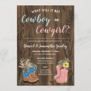 Cowboy/Cowgirl Bootie Mörk Wood Gender Reveal Inbjudningar