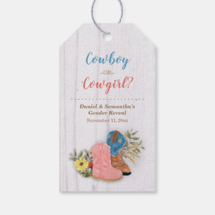 Cowboy/Cowgirl Bootie White Wood Gender Reveal Presentetikett