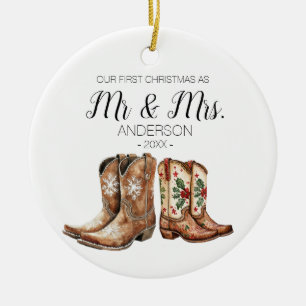 Cowboy Cowgirl Boots Första jul som Mr & Mrs. Julgransprydnad Keramik