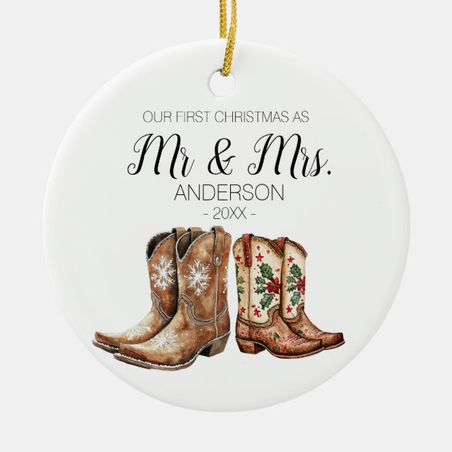 Cowboy Cowgirl Boots Första jul som Mr & Mrs. Julgransprydnad Keramik (Framsidan)