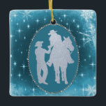 Cowboy Cowgirl Horse Romantic jul Julgransprydnad Keramik<br><div class="desc">Cowboy Cowgirl Horse Romantic jul och snö bakgrundscen jul Ceramic Ornamic</div>