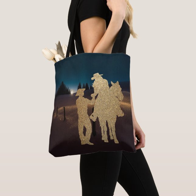 Cowboy Cowgirl Horse Romantic Moonlight Tote Bag Tygkasse (Närbild)