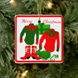 Cowboy Cowgirl Rodeo Western Shirts and Boots Julgransprydnad Keramik