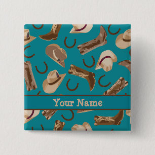 Cowboy Cowgirl Teal Western Boots Hat Namn Badge Knapp