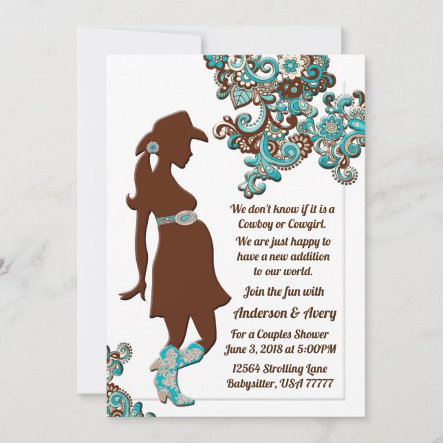 Cowboy Cowgirl Turcos Brown Par Baby Shower Inbjudningar (Framsida)