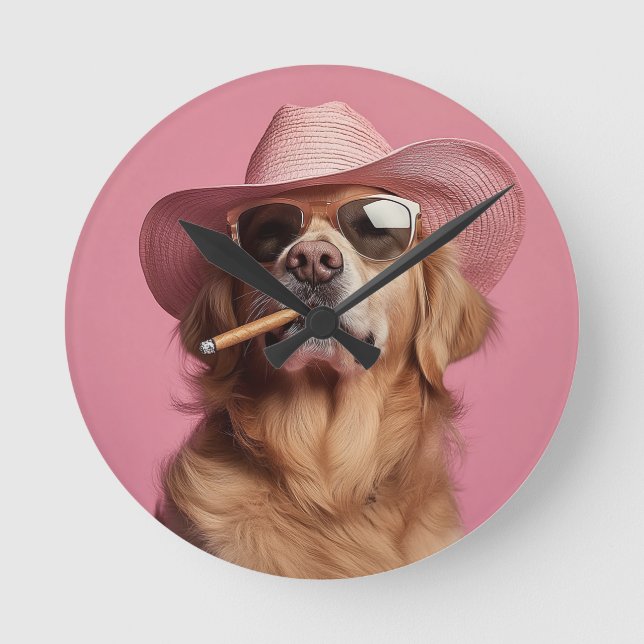 Cowboy Dog Wall Clock with Hat and Sunglasses - Hu Rund Klocka (Framsida)