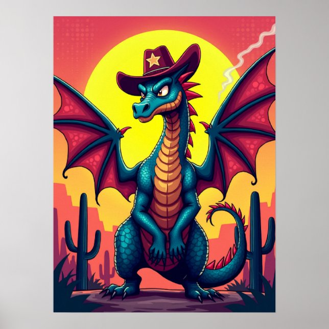 Cowboy Dragon Showdown - Funny Pop Art Fantasy Poster (Framsidan)