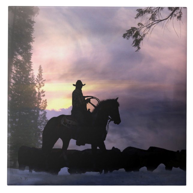 Cowboy Driving Cattle i Snö Kakelplatta (Framsidan)