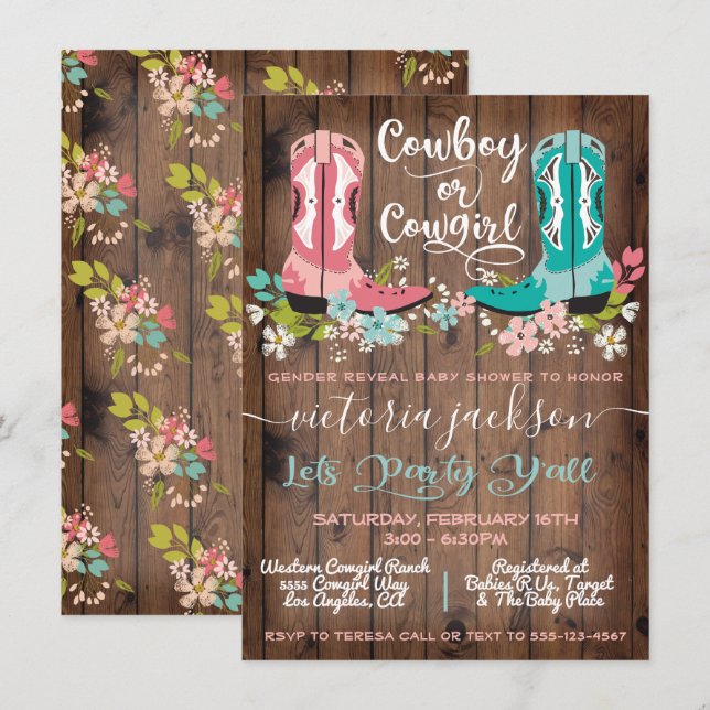 Cowboy eller Cowgirl Baby Shower Gender Reveal Inv Inbjudningar (Fram/baksida)