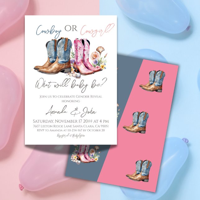 Cowboy eller Cowgirl Boots Blue Rosa Gender Reveal Inbjudningar (Skapare uppladdad)