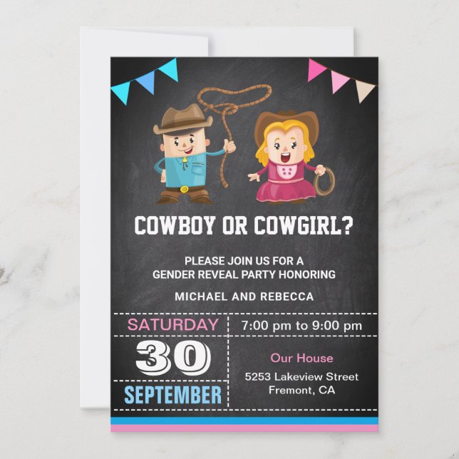Cowboy eller Cowgirl Gender Reveal Party Inbjudningar (Framsida)