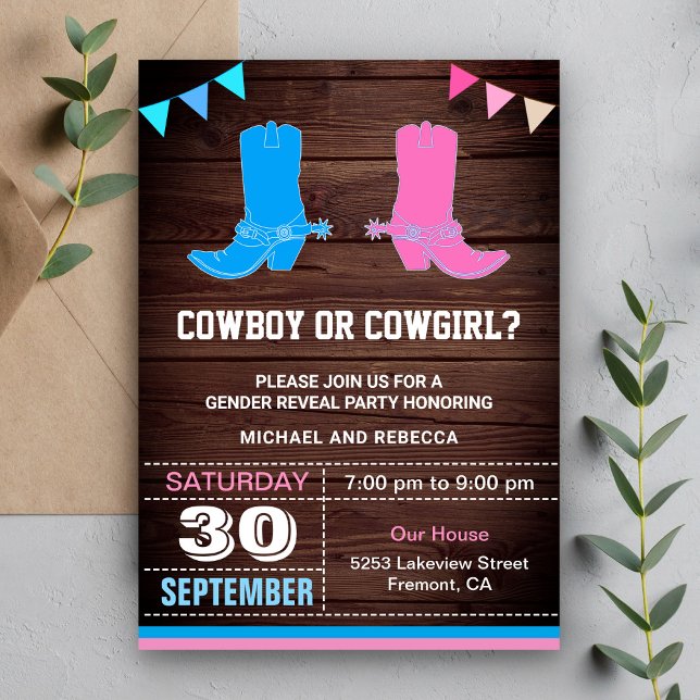 Cowboy eller Cowgirl Gender Reveal Party Inbjudningar (Skapare uppladdad)