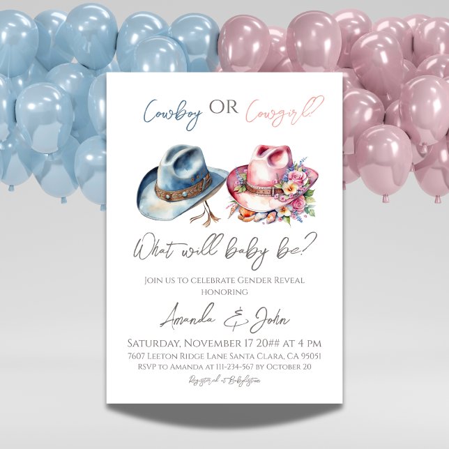 Cowboy eller Cowgirl Hats Blue Rosa Gender Reveal Inbjudningar (Skapare uppladdad)