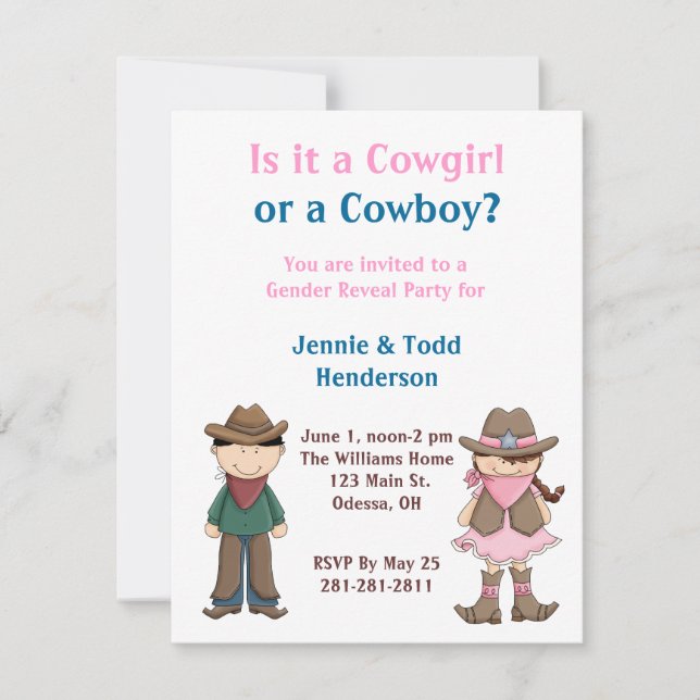 Cowboy eller Cowgirl?Inbjudan till Gender-kalvning Inbjudningar (Framsida)